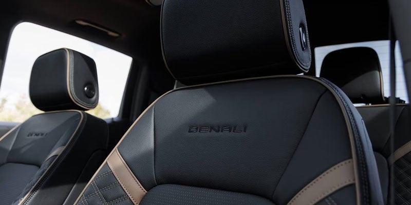 2026 GMC Canyon Denali leather seat with embroidered Denali branding